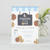 Blauwe melk en koekjes eerste verjaardag jongens kaart (Staand voorkant)