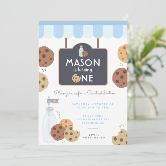 Blauwe melk en koekjes eerste verjaardag jongens kaart (Staand voorkant)