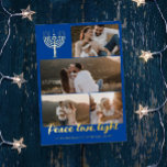 Blauwe Menora Vrede Liefde Licht Foto Collage Goud Folie Feestdagenkaart<br><div class="desc">Gouden folie vrolijke feestdagen kaart met een hanukkah-menora,  een foto collage van vier foto's,  vrede liefde licht in gouden folie,  en uw familienaam in gouden folie ook.</div>