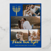 Blauwe Menora Vrede Liefde Licht Fotocollage Goud Folie Feestdagenkaart (Voorkant)