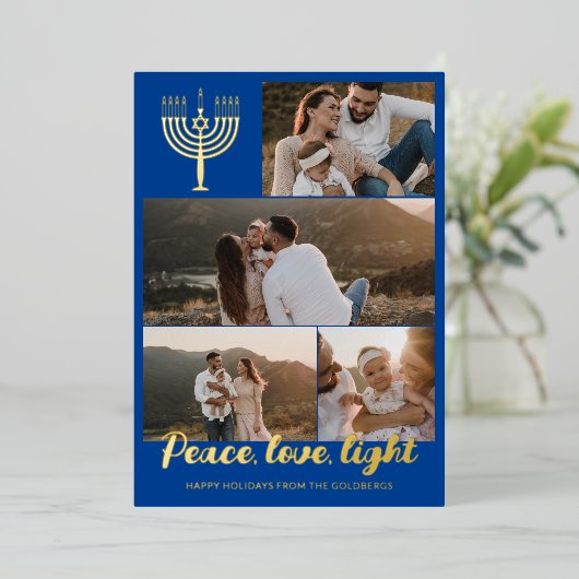 Blauwe Menora Vrede Liefde Licht Fotocollage Goud Folie Feestdagenkaart (Staand Voorkant)