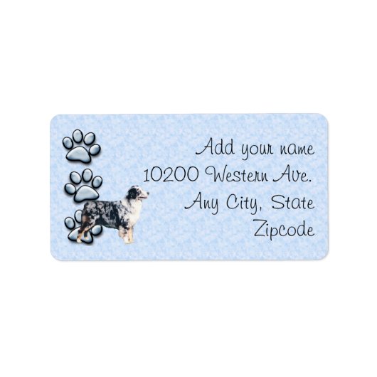 Blauwe Merle Aussie en 3 blauwe pawprints Etiket (Voorkant)