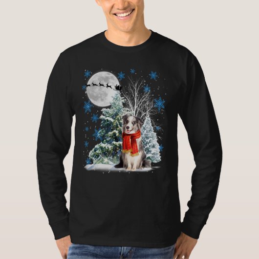 Blauwe Merle Collie onder Moonlight Snow Kerstmis T-shirt (Voorkant)
