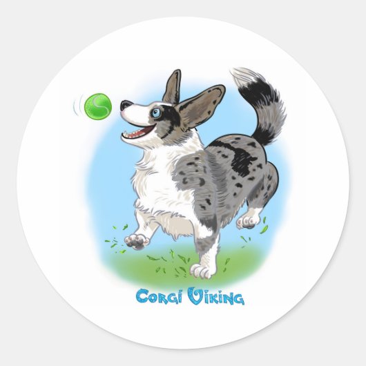 Blauwe merle Corgi met bal Ronde Sticker (Voorkant)