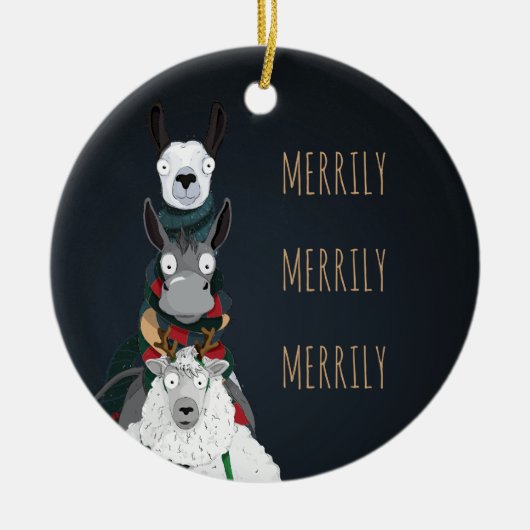 Blauwe "Merrily Merrily" winterdieren Keramisch Ornament (Voorkant)