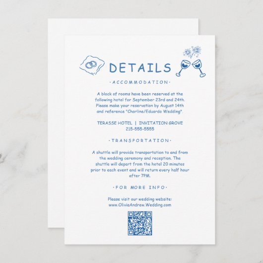 Blauwe met de hand getekende grillige trouwdetails informatiekaartje (Voorkant / Achterkant)