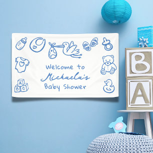 Blauwe met de hand getekende krabbel luchtige baby spandoek