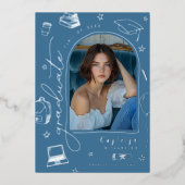 Blauwe met de hand getekende speelse foto afstudee folie uitnodiging (Voorkant)