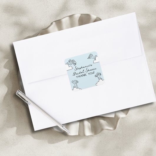 Blauwe met de hand getekende 'trouwde in de hemel' vierkante sticker