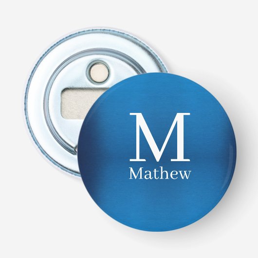 blauwe metalen abstracte glanzende monogram naam m button flesopener (Voorkant)