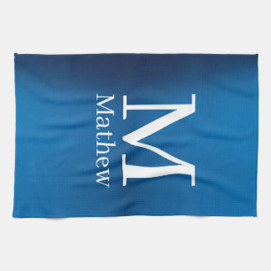 blauwe metalen abstracte glanzende monogram naam m theedoek