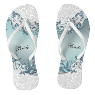 Blauwe metalen flora en Confetti glitter Weddens Teenslippers