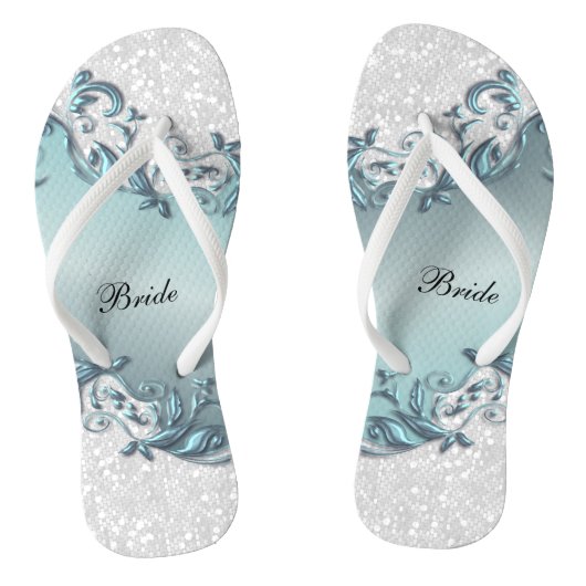 Blauwe metalen flora en Confetti glitter | Weddens Teenslippers (Voetbed)