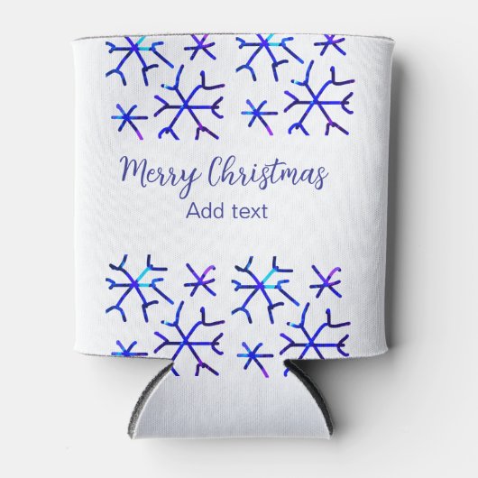 Blauwe metallic glanzende sneeuwvlokken kerstpatro blikjeskoeler (Voorkant)