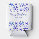 Blauwe metallic glanzende sneeuwvlokken kerstpatro blikjeskoeler (Achterkant)