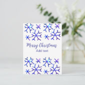 Blauwe metallic glanzende sneeuwvlokken kerstpatro briefkaart (Staand voorkant)