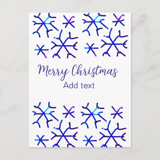 Blauwe metallic glanzende sneeuwvlokken kerstpatro briefkaart (Voorkant)