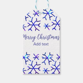 Blauwe metallic glanzende sneeuwvlokken kerstpatro cadeaulabel