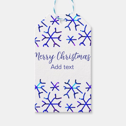 Blauwe metallic glanzende sneeuwvlokken kerstpatro cadeaulabel (Voorkant)