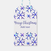 Blauwe metallic glanzende sneeuwvlokken kerstpatro cadeaulabel (Achterkant)