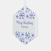 Blauwe metallic glanzende sneeuwvlokken kerstpatro glas ornament (Voorkant links)