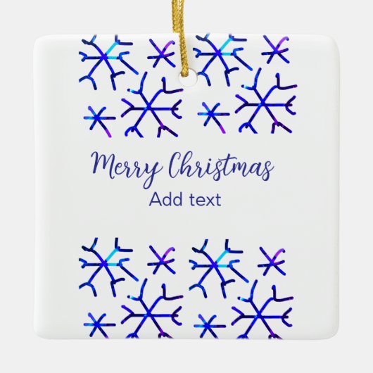 Blauwe metallic glanzende sneeuwvlokken kerstpatro keramisch ornament (Voorkant)