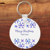 Blauwe metallic glanzende sneeuwvlokken kerstpatro sleutelhanger (Voorkant)
