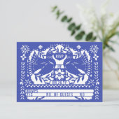 Blauwe Mexicaanse Fantail Duiven Papel Picado RSVP Kaartje (Staand voorkant)