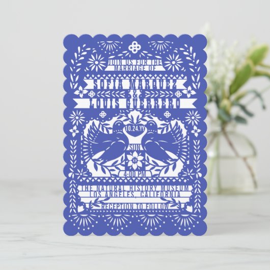 Blauwe Mexicaanse staart Doves Papel Picado Weddin Kaart (Staand voorkant)