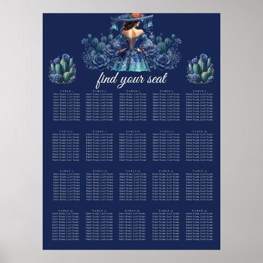 Blauwe Mexicaanse stijl Quinceañera zitkaart Poster (Voorkant)