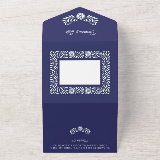 Blauwe Mexicaanse Talavera met oudernaam All In One Uitnodiging (Buitenkant)