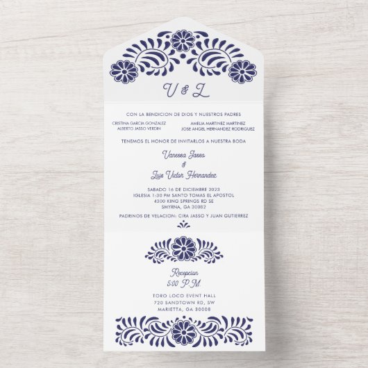 Blauwe Mexicaanse Talavera met oudernaam All In One Uitnodiging (Binnen)