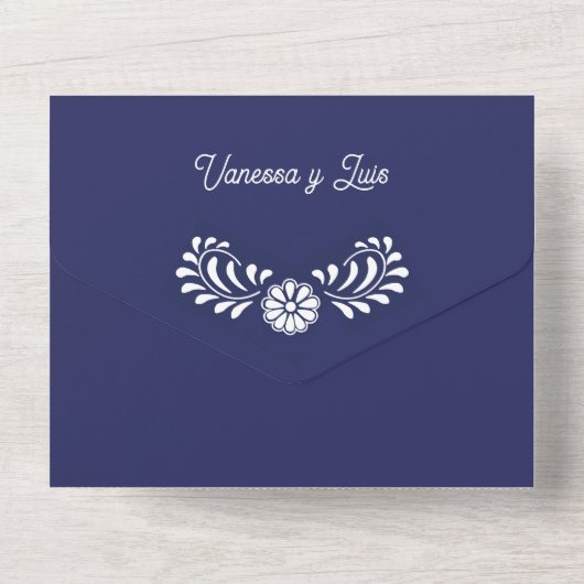 Blauwe Mexicaanse Talavera met oudernaam All In One Uitnodiging (Achterkant)