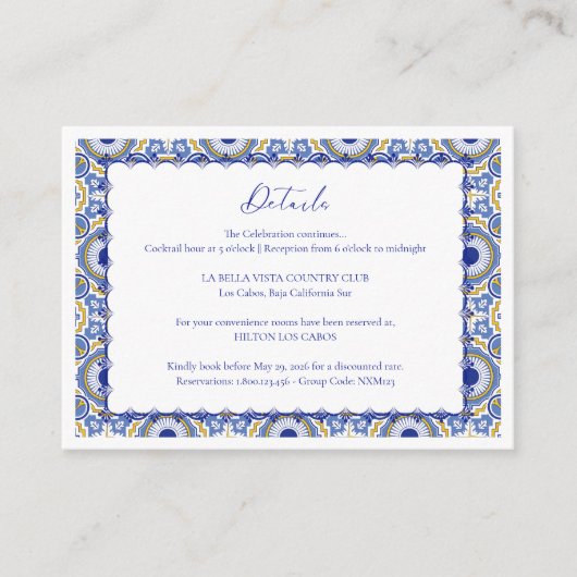 Blauwe Mexicaanse Talavera Spaans huwelijksgesprek Informatiekaartje (Voorkant)