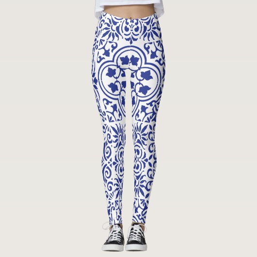 Blauwe Mexicaanse Tegel Leggings (Voorkant)