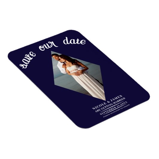 Blauwe Minimale Diamant Foto Bruiloft Save the Dat Magneet (Rechterzijde)