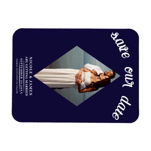 Blauwe Minimale Diamant Foto Bruiloft Save the Dat Magneet (Horizontaal)