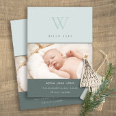 Blauwe minimale monogram foto geboorteaankondiging bedankkaart