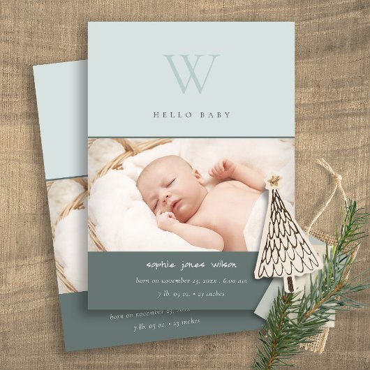 Blauwe minimale monogram foto geboorteaankondiging bedankkaart