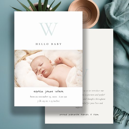 Blauwe minimale monogram foto geboorteaankondiging bedankkaart