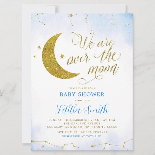 Blauwe minimalist boven het Baby shower Moon nodig Kaart (Voorkant)