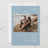 Blauwe minimalistische foto bruiloft kaart (Voorkant)