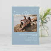 Blauwe minimalistische foto bruiloft kaart (Staand voorkant)