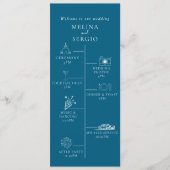 Blauwe minimalistische kalligrafie tijdlijn bruilo programmakaart (Voorkant)