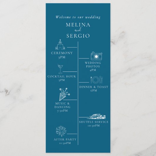 Blauwe minimalistische kalligrafie tijdlijn bruilo programmakaart (Voorkant)