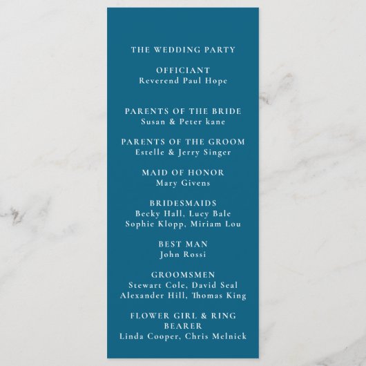 Blauwe minimalistische kalligrafie tijdlijn bruilo programmakaart (Achterkant)