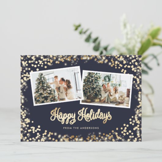 Blauwe minimalistische sterren Twinkle Lights Foto Feestdagenkaart (Staand voorkant)