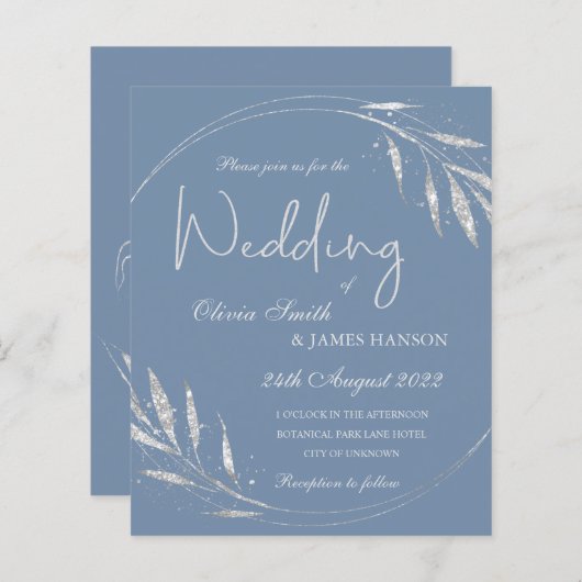 Blauwe minimalistische uitnodiging voor een bruilo (Voorkant / Achterkant)