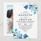 Blauwe Minimalistische Waterverf Bruiloft Kaart (Voorkant / Achterkant)