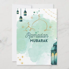 Blauwe minimalistische Waterverf Ramadan Mubarak Feestdagenkaart